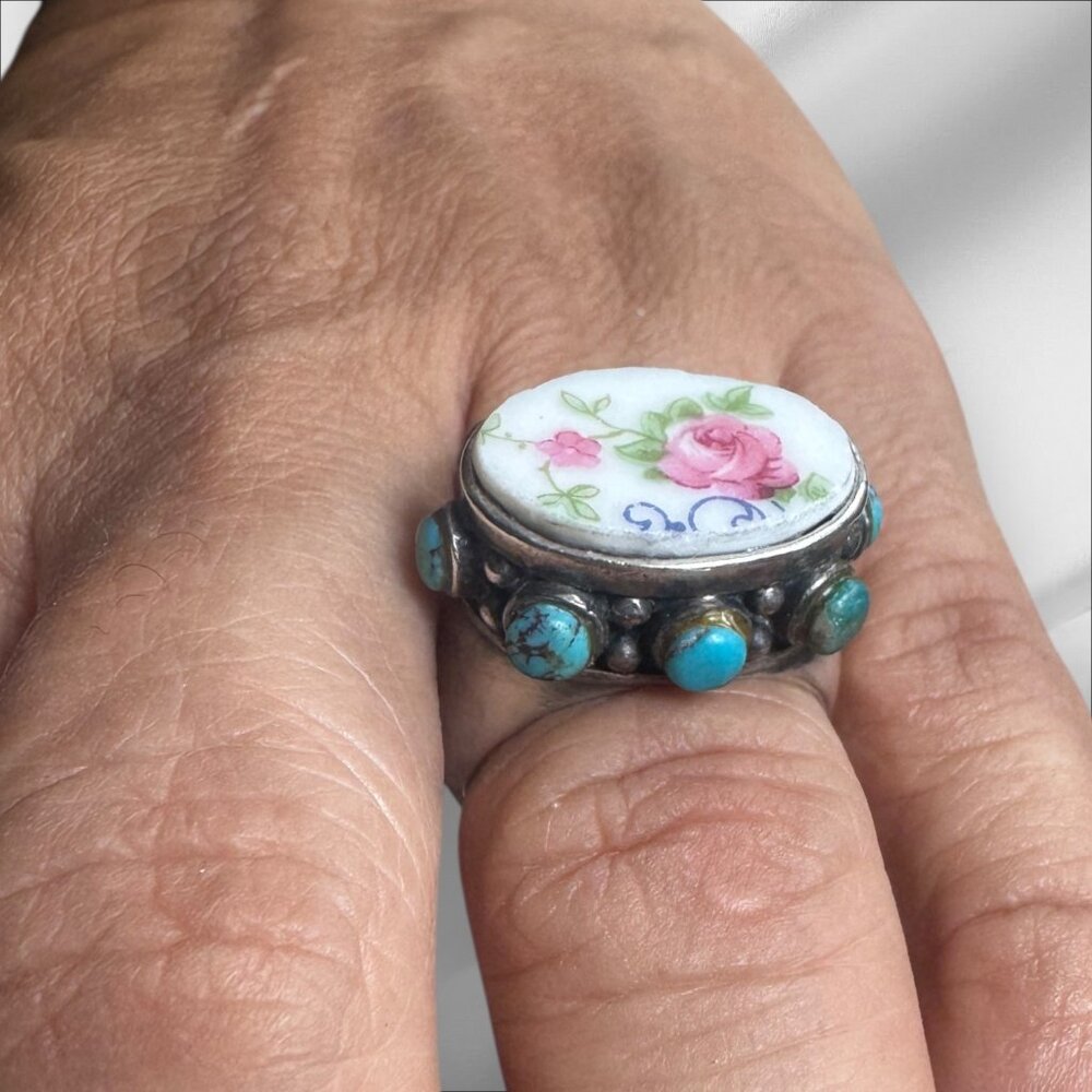 Antique Bavaria Franklin Rose China & Upcycled Turquoise Vintage 925 Silver Ring - Picture 5 of 11